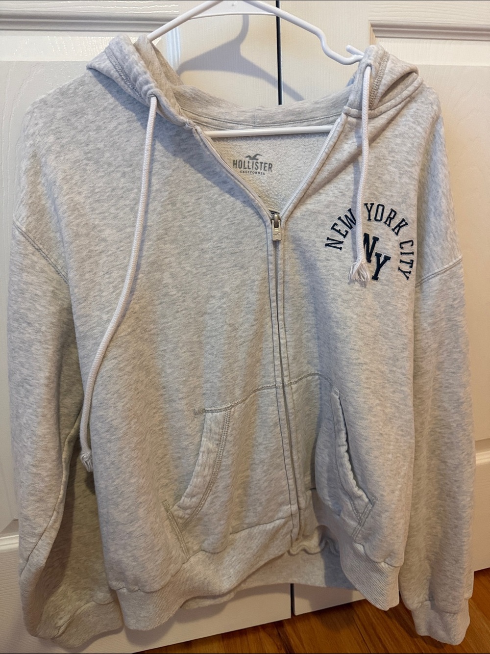 Hollister Light Gray Zip Hoodie with Navy NY Crest